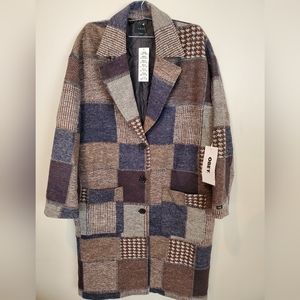 NWT OBEY Jelena Overcoat Wool Blend Plaid Multi Grey Patchwork Women's Size L